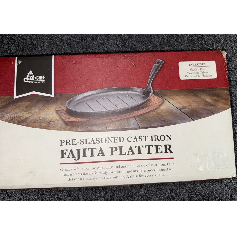 EcoChef Pre-Seasoned Cast Iron Fajita Platter Sizzler Pan Wooden Trivet EC-PS-FP